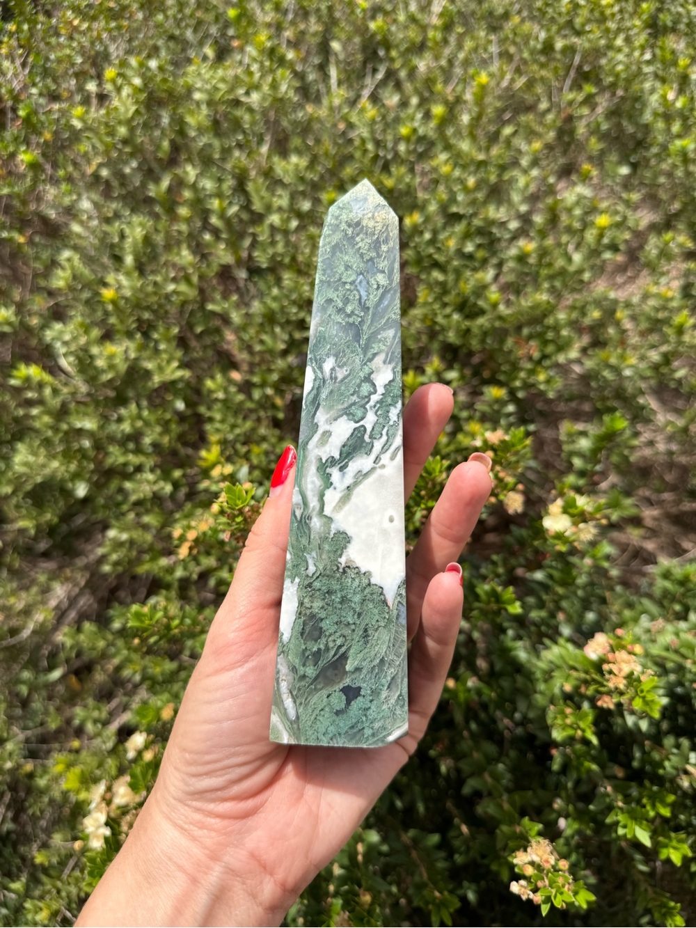 Green and White Moss Agate Crystal Tower